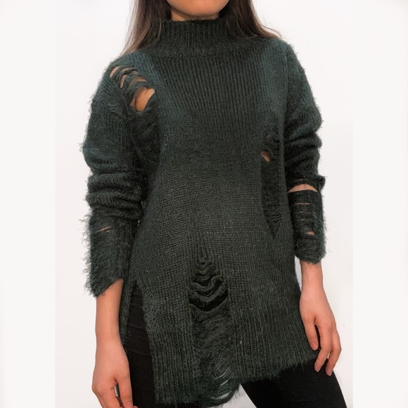 Lush Oversized Distressed Sweater - S / Dark Green - Picture 4 of 5